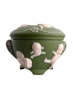 Rose O’Neil Kewpie Green Jasperware Sugar Bowl Pink Accents Signed Bisqueware